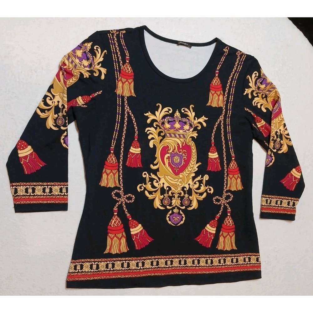 J.McLaughlin Catalina Cloth Signature Tee Large Black Gold Heraldic Tassel Top